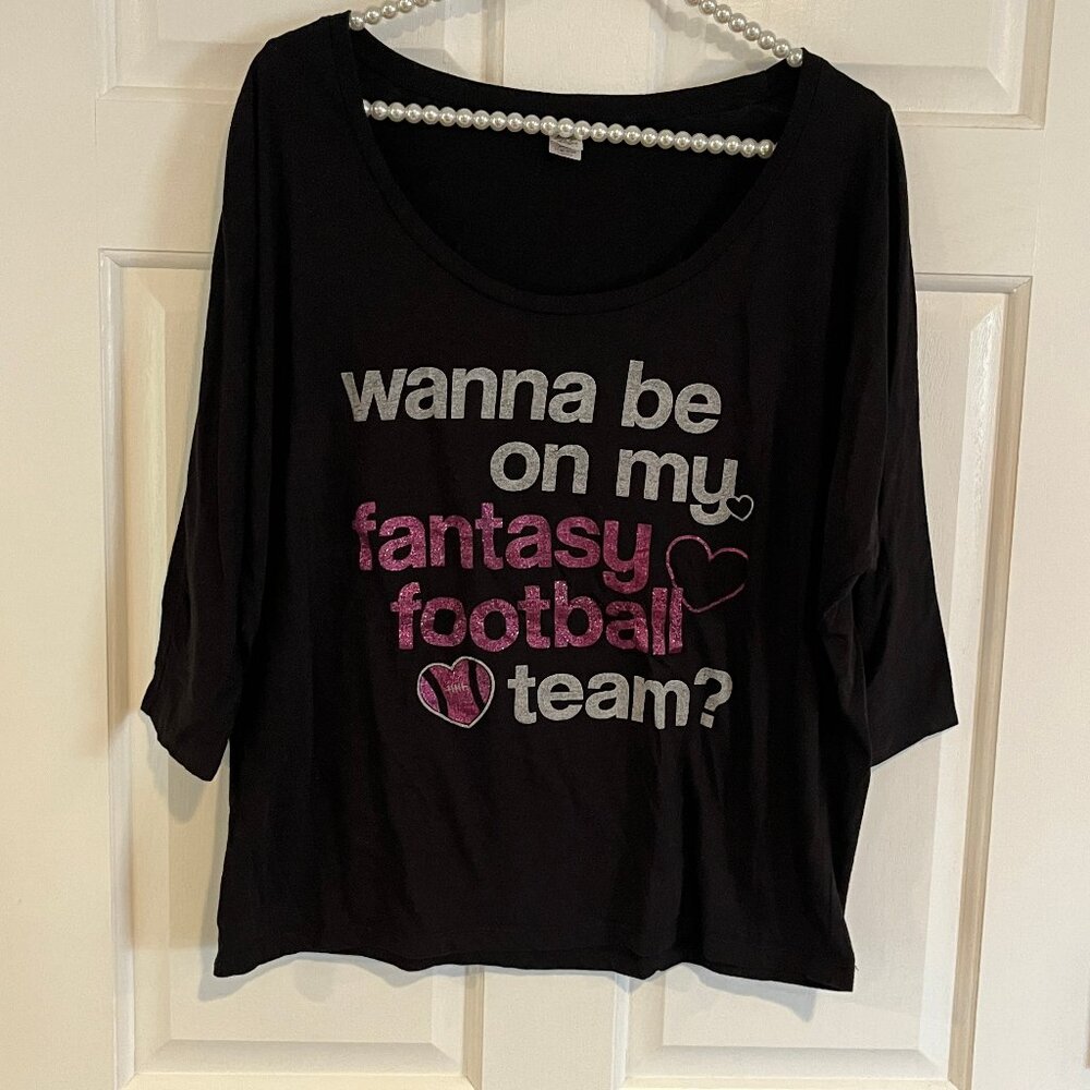 Body Rags Ladies Black Wide Neck Fantasty Football Theme Casual Top Size L
